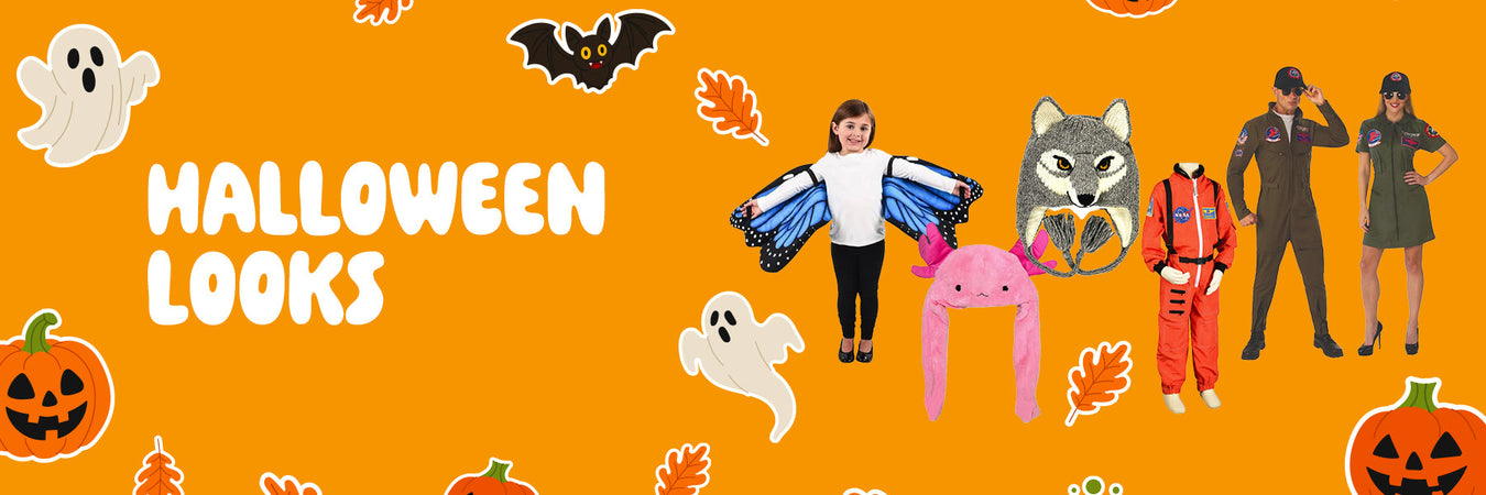 HALLOWEEN LOOKS text on an orange background decorated with pumpkins, ghosts, and bats, featuring a child in a butterfly costume and adults in wolf, astronaut, pilot, and flight suit costumes.