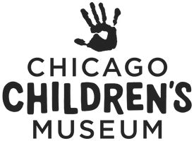 Logo for the Chicago Childrens Museum featuring a white handprint above the museums name in bold, uppercase letters.