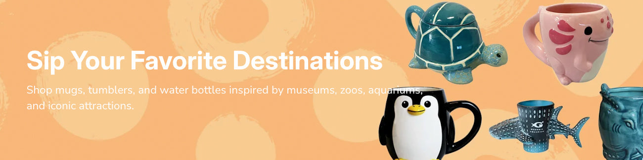 Whimsical mugs shaped like a turtle, penguin, axolotl, and fish are displayed on a peach background with white text reading, Sip Your Favorite Destinations..