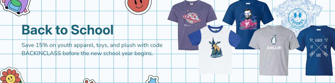 Back to School sale banner showing a grid background, cartoon icons, and youth graphic t-shirts. Text offers 15% off with code BACKINCLASS before the new school year begins.