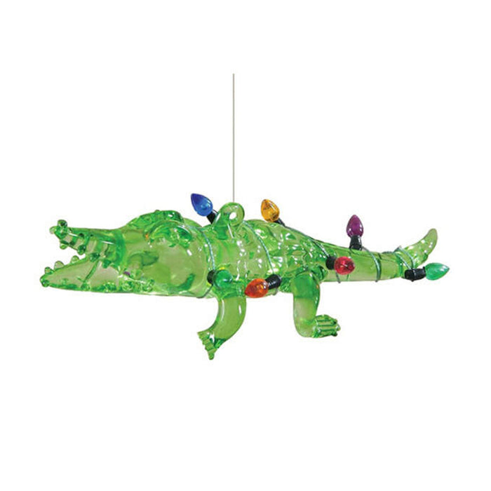 Alligator with Lights Ornament: a green translucent Florida alligator draped with colorful miniature Christmas lights.