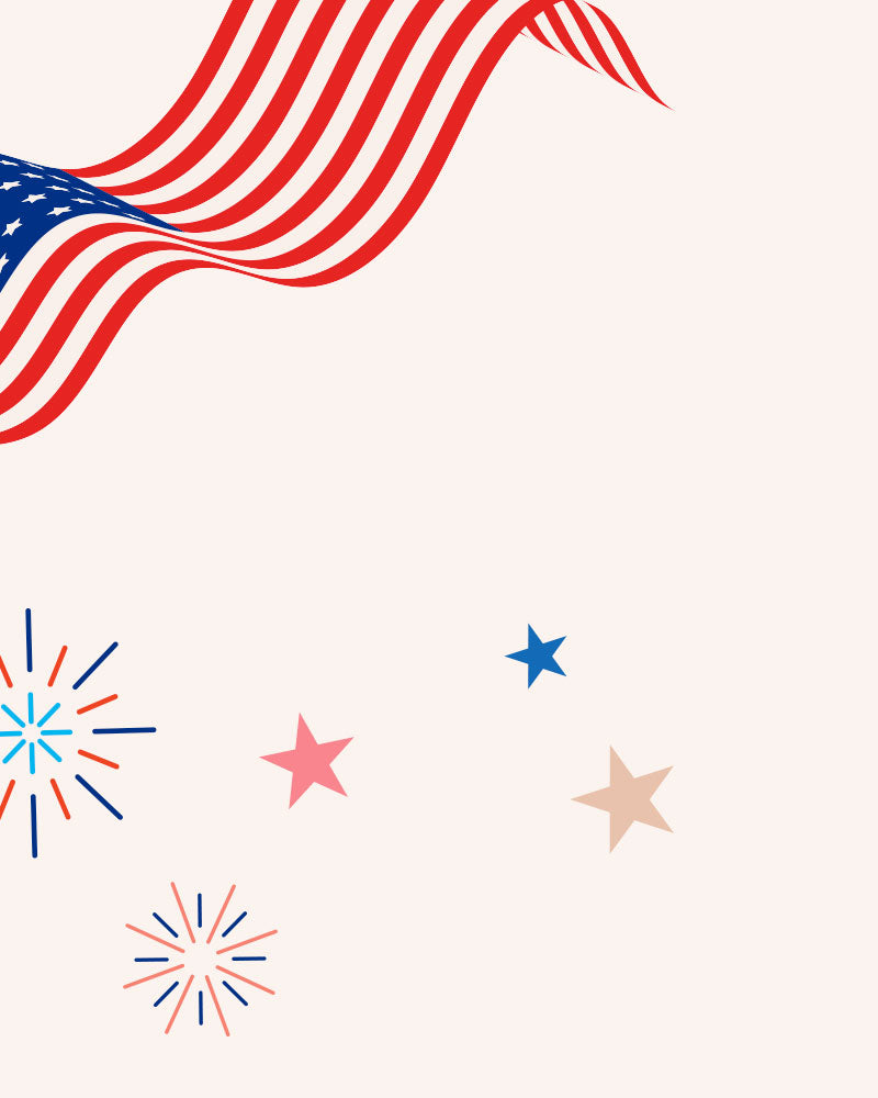 A wavy American flag stretches across the top of the image, with red, white, and blue star and firework illustrations scattered on a light background.
