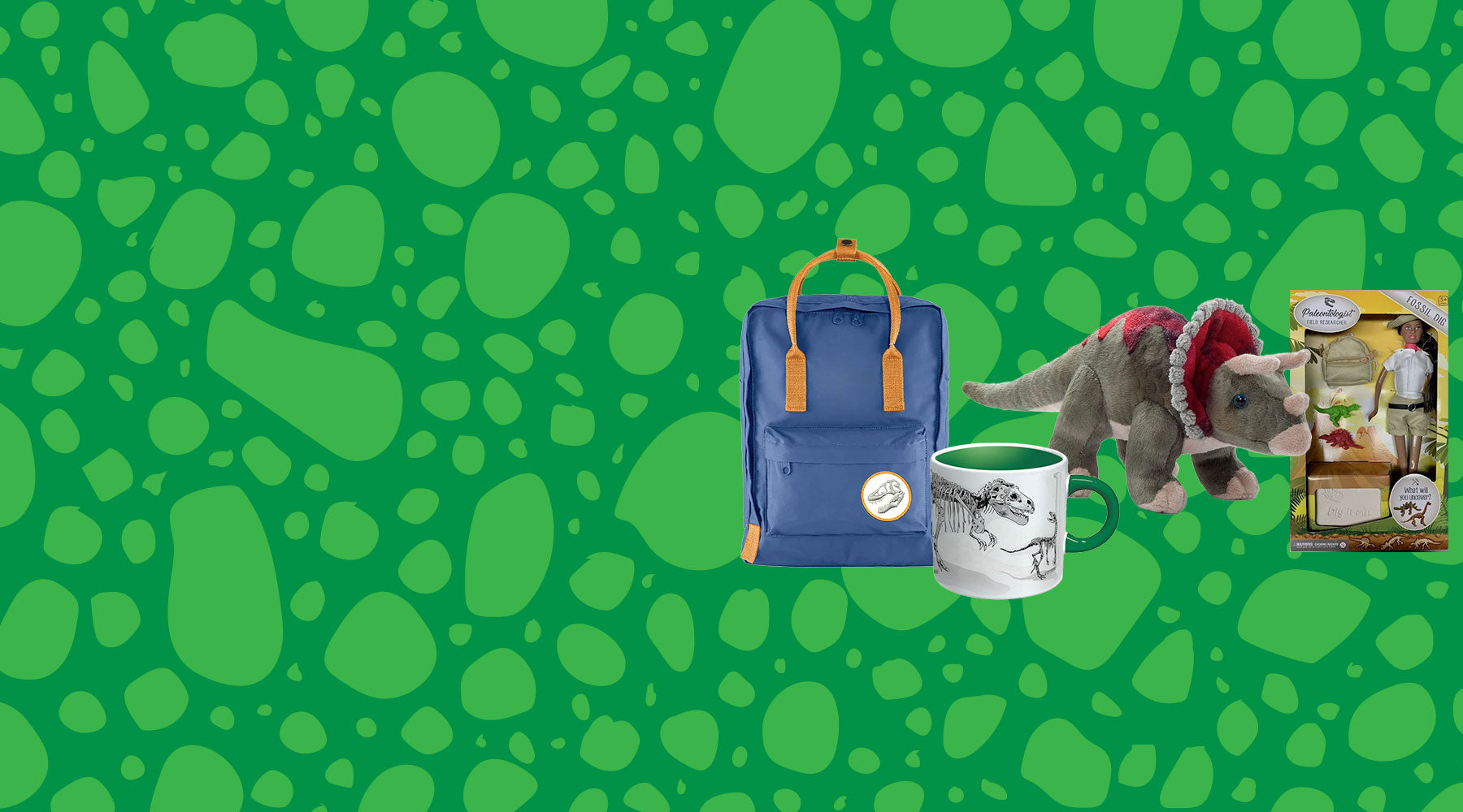 A blue backpack, a white mug with a dinosaur drawing, a plush dinosaur toy, and a dinosaur adventure play set, all displayed on a green background with darker green oval patterns.