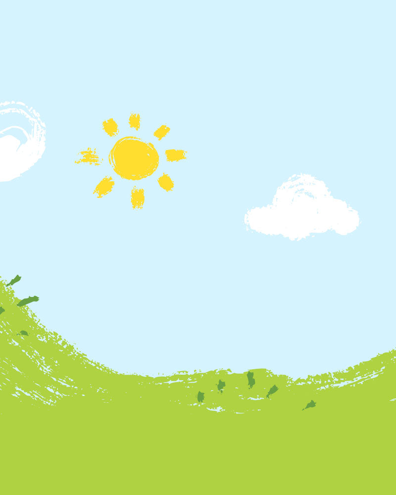 A simple, childlike drawing of a sunny day with a bright yellow sun, two fluffy white clouds, and green hills under a clear blue sky.
