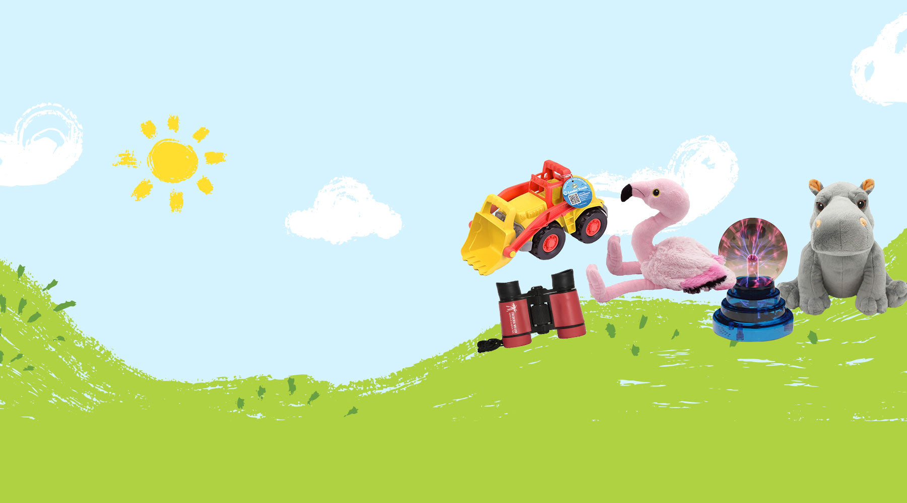 A colorful scene with toy binoculars, a yellow toy dump truck, a pink flamingo plush, a mini plasma ball, and a gray hippo plush on a green, grassy hill under a childlike sky with a sun and clouds.