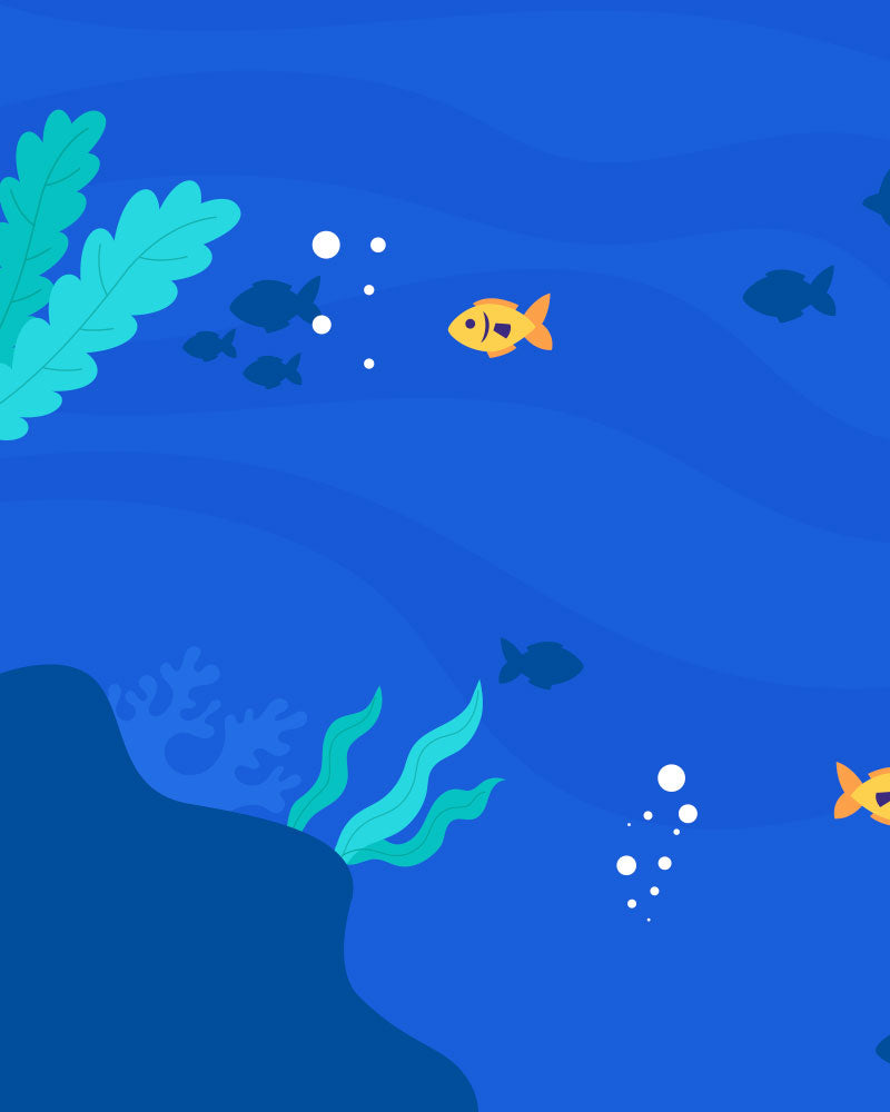 A simple underwater scene with blue water, green sea plants, bubbles, and several fish including a prominent yellow fish swimming among smaller dark fish.