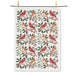 Cardinals & Berries Kitchen Towel featuring a white towel with a repeating pattern of cardinals perched on holly branches with red berries.
