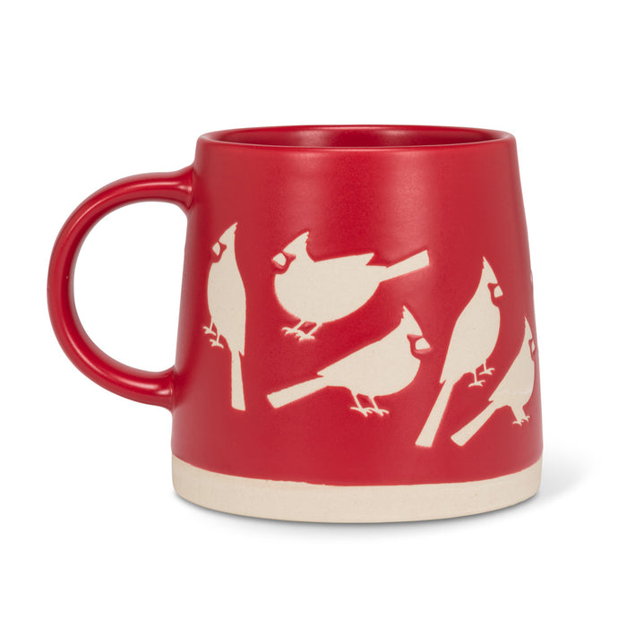 Wide Base Mug with Cardinals in red stoneware with a wide base and a repeating pattern of white cardinal silhouettes.