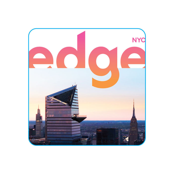NYC skyline at sunset featuring the Edge observation deck, with a modern glass building in the foreground and the Empire State Building in the background—a perfect scene to capture on an Edge NYC Square Magnet as a memorable New York City souvenir.