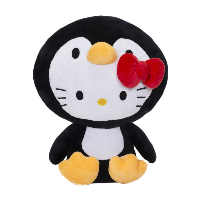 Hello Kitty Penguin Plush features a white face, black body, yellow feet, and a red bow, inspired by arctic wildlife.