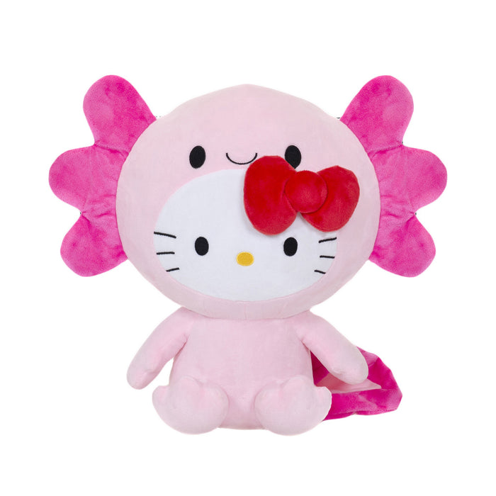 The Hello Kitty Axolotl Plush features Hello Kitty dressed as a pink axolotl with frilled gills, a red bow, and a smiling face—making it the perfect cute addition to any plush collection.