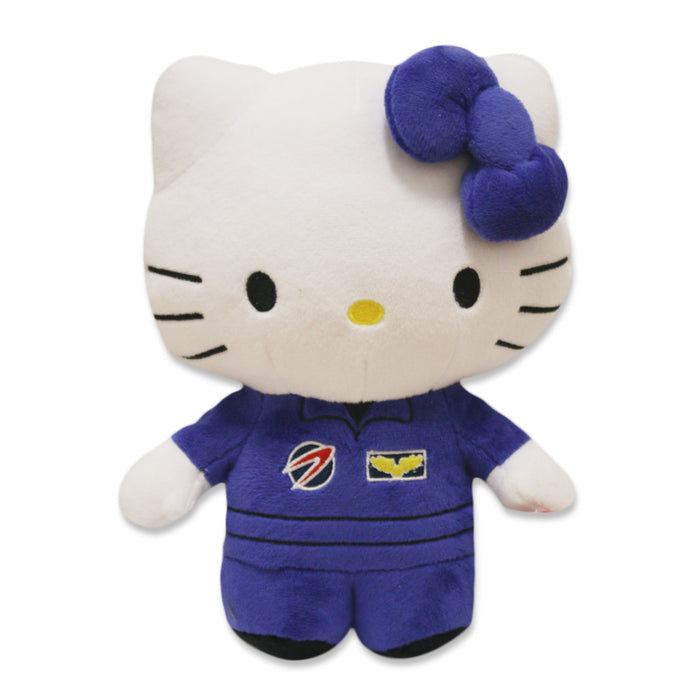 The Hello Kitty Pilot Plush wears a blue jumpsuit with patches, a red, white, and blue emblem, yellow logo, and a big blue bow on its left ear—an ideal gift for young dreamers and aspiring aviators.