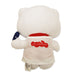 The Hello Kitty Astronaut Plush faces away, dressed in a white lab coat with a red collar and California Science Center logo, holding a small blue object—an adorable addition to any space exploration toy collection.
