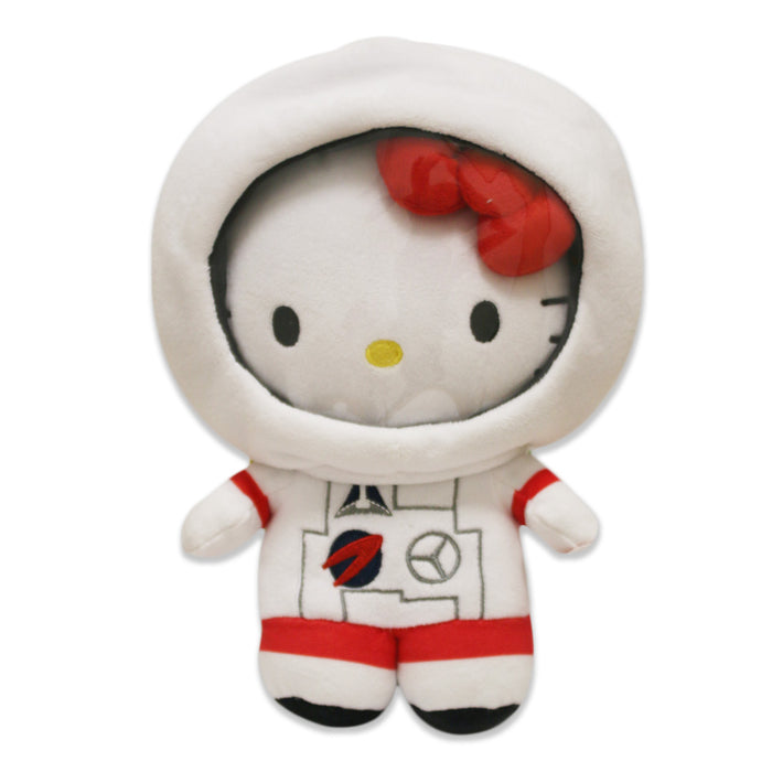 The Hello Kitty Astronaut Plush features a white suit with red accents, space-themed patches, and a red bow. This Sanrio plush is perfect for space fans. The background is white.