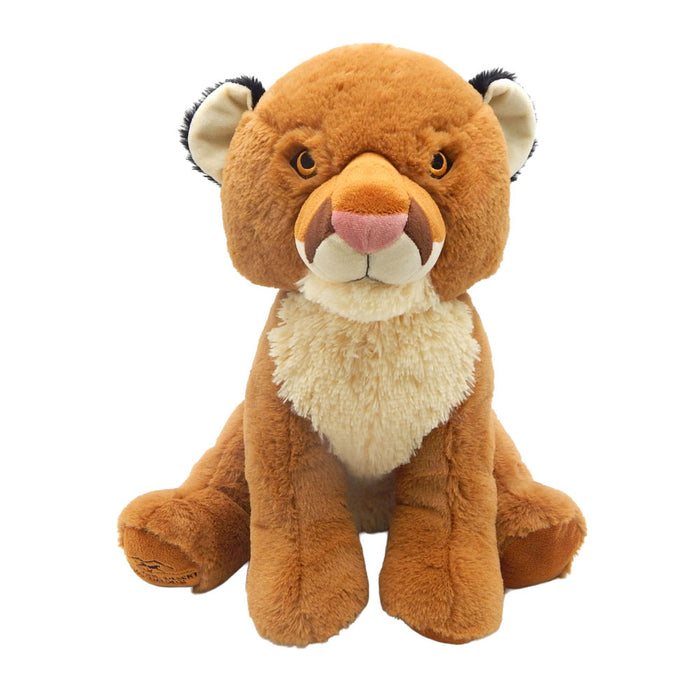 A plush toy cougar with soft fur, distinctive markings, and a lifelike, serious expression, sitting upright and facing forward—perfect for wildlife education sessions at the Living Desert Zoo.