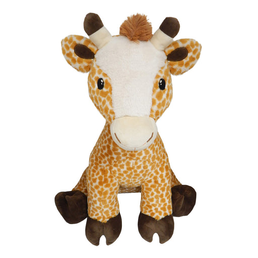 The Jumbo Giraffe Plush features a white face, round black eyes, brown hooves and horns, a tan snout, and an orange-and-white spotted body pattern. This lifelike plush toy sits upright and faces forward.