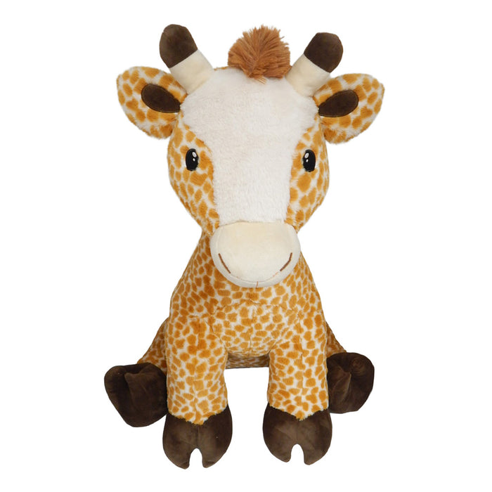 The Jumbo Giraffe Plush features a white face, round black eyes, brown hooves and horns, a tan snout, and an orange-and-white spotted body pattern. This lifelike plush toy sits upright and faces forward.