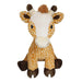 The Jumbo Giraffe Plush features a white face, round black eyes, brown hooves and horns, a tan snout, and an orange-and-white spotted body pattern. This lifelike plush toy sits upright and faces forward.