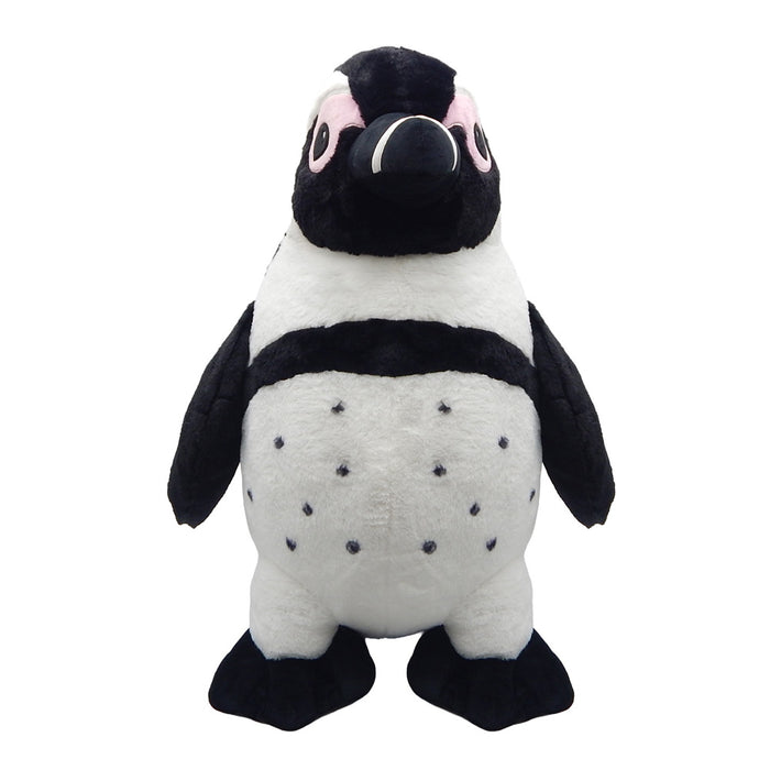 The Penguin Plush is extra large with black wings, a white belly with black spots, and a black head featuring big pink and white eyes—making it an ideal zoo gift shop find.