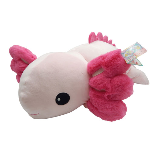 The Axolotl Jumbo Plush is a soft white Mexican salamander toy with large black eyes, bright pink fluffy gills and limbs, plus a colorful tag attached.