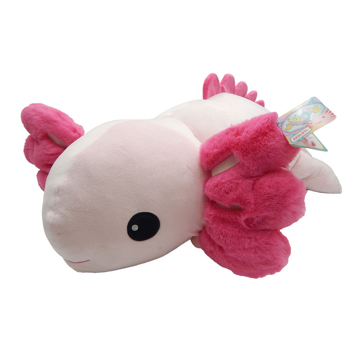 The Axolotl Jumbo Plush is a soft white Mexican salamander toy with large black eyes, bright pink fluffy gills and limbs, plus a colorful tag attached.
