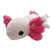 The Axolotl Jumbo Plush is a soft white Mexican salamander toy with large black eyes, bright pink fluffy gills and limbs, plus a colorful tag attached.