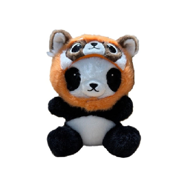 The Panda Red Panda Cap Cutie Plush sits upright on a white background, wearing an orange and brown cap—perfect for adding charm to any educational playroom and inspiring imaginative, developmental play.