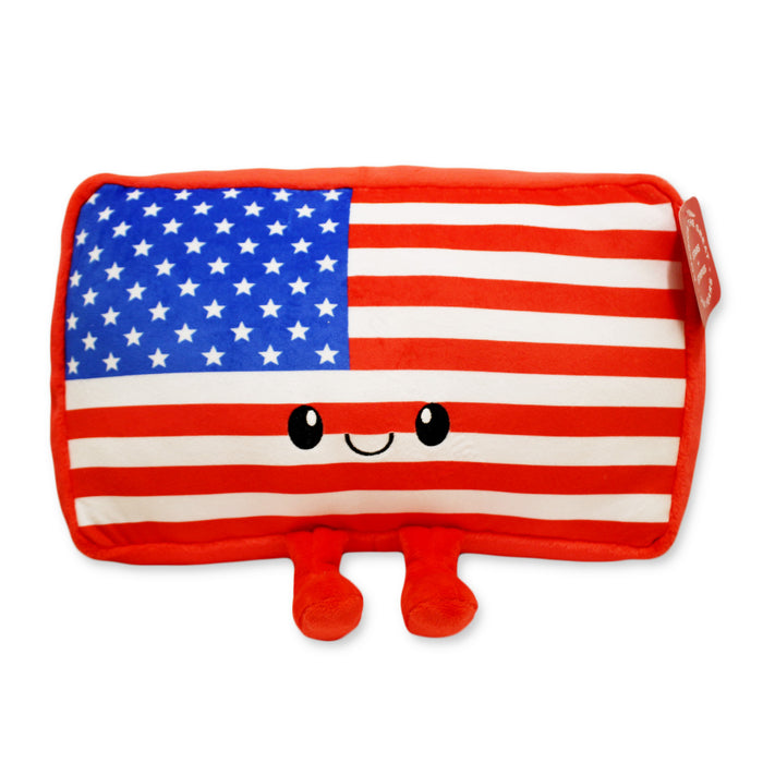The United States Flag Plush features a smiling face, bright red edges, and plush legs—a fun, soft toy shaped like the American flag that’s perfect for displaying American pride.