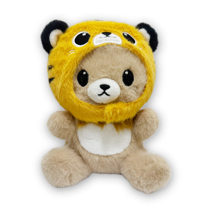 The Lion Tiger Cap Cutie Plush is an adorable teddy bear in a fuzzy yellow hood with black ears and a tiger face, sitting upright against a white background—ideal for early learning and imaginative play.