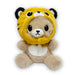 The Lion Tiger Cap Cutie Plush is an adorable teddy bear in a fuzzy yellow hood with black ears and a tiger face, sitting upright against a white background—ideal for early learning and imaginative play.