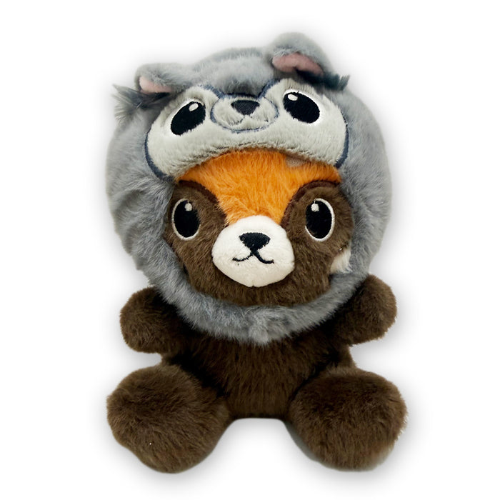The Red Panda Wolf Cap Cutie Plush is a brown stuffed animal with big eyes and a cute smile, wearing a gray fuzzy hood resembling a red panda, perfect for imaginative play and shown sitting upright on a white background.