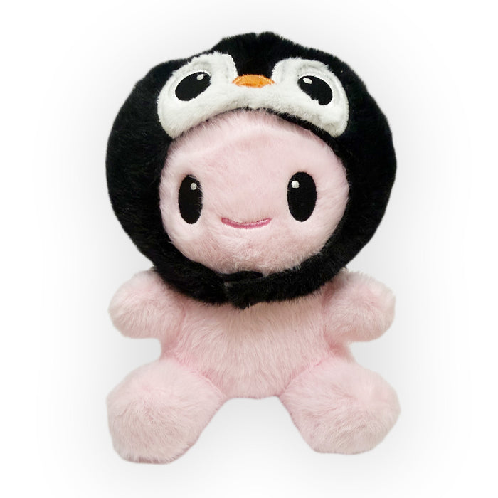 The Axolotl Penguin Cap Cutie Plush is a cute, pink plush with a round head, big eyes, and a soft, fuzzy texture. It wears a black and white penguin hood with a yellow beak, features a smiling face, and is perfect for interactive play.