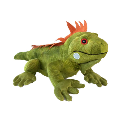 A green iguana plush toy featuring a red crest along its back, red eyes, and light blue circle markings on its cheeks is shown against a white background—this Green Iguana Plush is a sustainable stuffed animal inspired by wildlife.