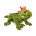 A green iguana plush toy featuring a red crest along its back, red eyes, and light blue circle markings on its cheeks is shown against a white background—this Green Iguana Plush is a sustainable stuffed animal inspired by wildlife.