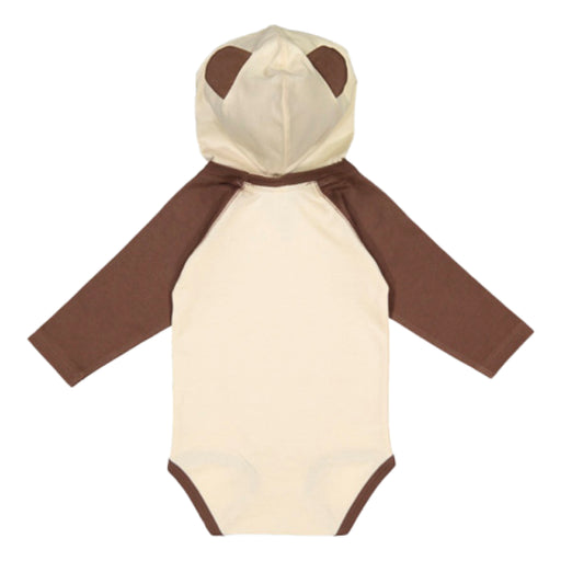 Infant Unisex Bear Hooded Onesie in beige with brown long sleeves and a cozy hood featuring small rounded brown ears, resembling a bear. Perfect for tiny explorers, this adorable garment is laid flat with the back facing up—ideal for little animal lovers and fans of the Tulsa Zoo alike.