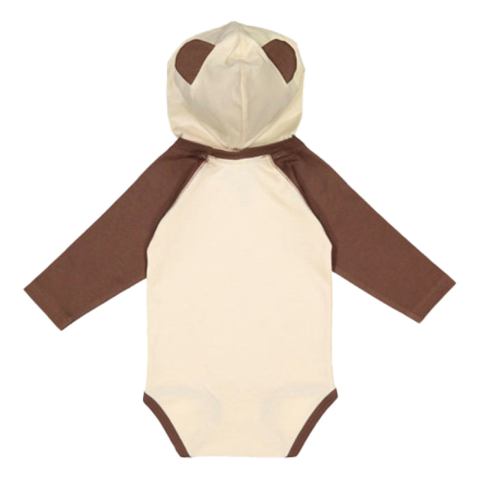 Infant Unisex Bear Hooded Onesie in beige with brown long sleeves and a cozy hood featuring small rounded brown ears, resembling a bear. Perfect for tiny explorers, this adorable garment is laid flat with the back facing up—ideal for little animal lovers and fans of the Tulsa Zoo alike.