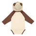 Infant Unisex Bear Hooded Onesie in beige with brown long sleeves and a cozy hood featuring small rounded brown ears, resembling a bear. Perfect for tiny explorers, this adorable garment is laid flat with the back facing up—ideal for little animal lovers and fans of the Tulsa Zoo alike.