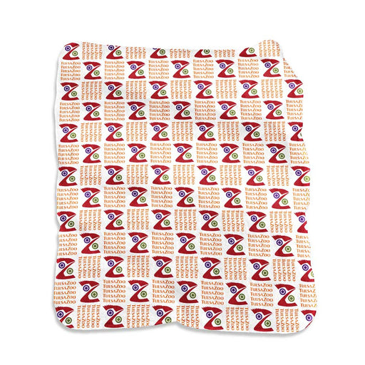 Wrap yourself in the Tulsa Zoo Raschel Blanket—featuring a rectangular design with a repeating red, green, and purple geometric pattern, stylized eyes, “TIBUSZOO” text, and red grid dots—perfect for supporting wildlife conservation.
