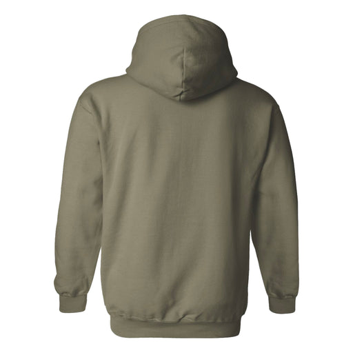 The Tulsa Zoo Est. 1928 Logo Hooded Sweatshirt is pictured from the back, featuring a plain olive green design with long sleeves, ribbed cuffs, and a relaxed fit—ideal for anyone seeking comfortable conservation apparel.