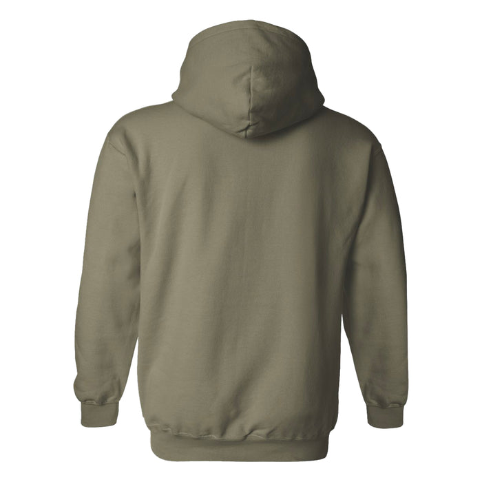 The Tulsa Zoo Est. 1928 Logo Hooded Sweatshirt is pictured from the back, featuring a plain olive green design with long sleeves, ribbed cuffs, and a relaxed fit—ideal for anyone seeking comfortable conservation apparel.