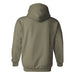 The Tulsa Zoo Est. 1928 Logo Hooded Sweatshirt is pictured from the back, featuring a plain olive green design with long sleeves, ribbed cuffs, and a relaxed fit—ideal for anyone seeking comfortable conservation apparel.