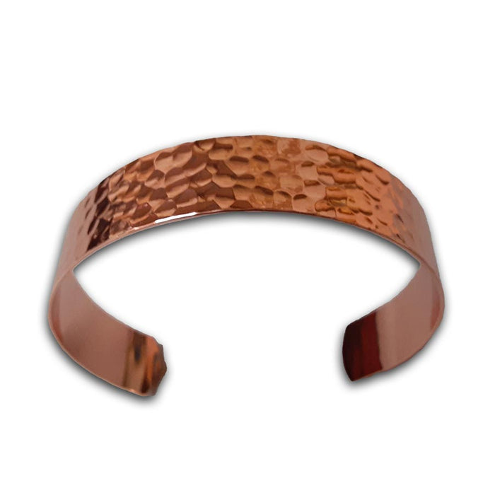 The USSCM Reclaimed Copper Bracelet is a hand-crafted, hammered copper cuff with a textured, open, and adjustable design, displayed on a white background. Made in the USA.