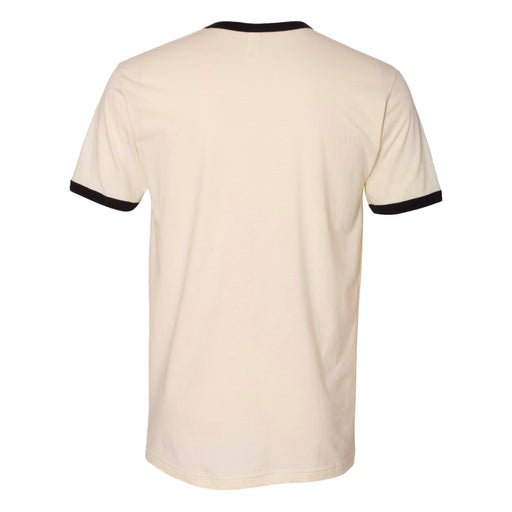 A plain, short-sleeved, cream-colored Tulsa Zoo Est. 1928. Elephant Ringer T-Shirt is shown from the back with black trim on the collar and sleeve edges—a subtle nod to wildlife conservation efforts supported by the Tulsa Zoo.