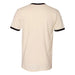 A plain, short-sleeved, cream-colored Tulsa Zoo Est. 1928. Elephant Ringer T-Shirt is shown from the back with black trim on the collar and sleeve edges—a subtle nod to wildlife conservation efforts supported by the Tulsa Zoo.