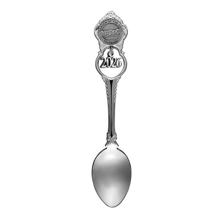 A decorative silver Garden of the Gods Spoon with Bear Charm makes a unique Colorado souvenir, featuring the State of Colorado and an image of a bear on the handle, as well as 2026 engraved below the emblem.