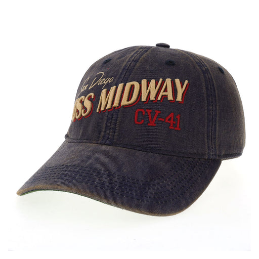 The USS Midway CV-41 Logo Cap is a navy blue aircraft carrier hat featuring “San Diego USS MIDWAY CV-41” embroidered in tan and red on the front—an ideal accessory for anyone interested in naval history.