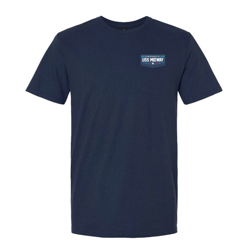 The USS Midway Museum Infographic T-Shirt is a navy blue short-sleeve tee featuring a small USS Midway logo printed on the left chest to celebrate naval history. Displayed against a simple white background, this comfortable t-shirt makes an ideal souvenir from the iconic USS Midway Museum.
