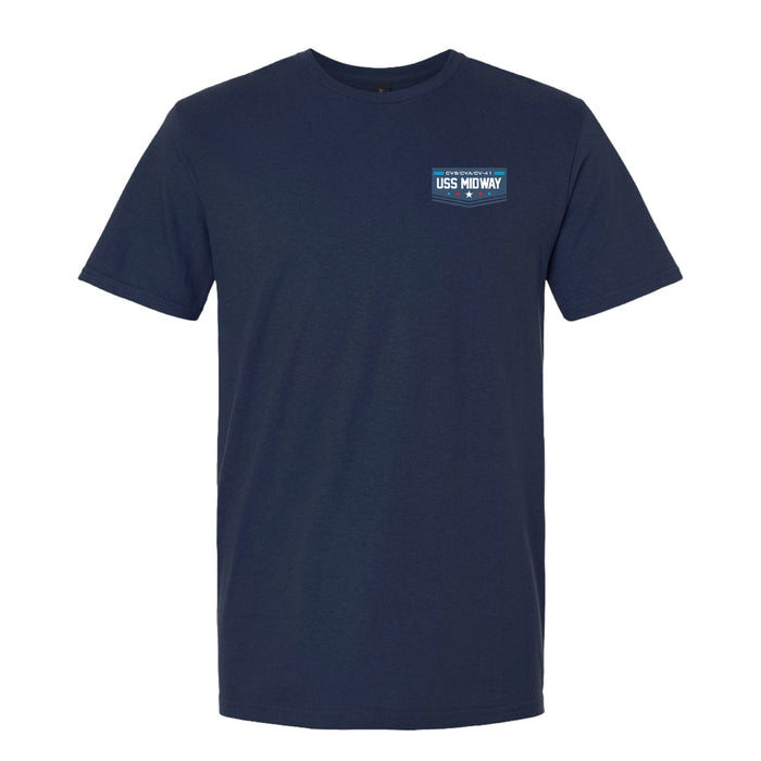 The USS Midway Museum Infographic T-Shirt is a navy blue short-sleeve tee featuring a small USS Midway logo printed on the left chest to celebrate naval history. Displayed against a simple white background, this comfortable t-shirt makes an ideal souvenir from the iconic USS Midway Museum.