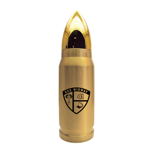 Introducing the USS Midway Museum Bullet Waterbottle—a gold-colored, bullet-shaped water bottle featuring the USS Midway 41 emblem on its side. This unique design is a striking tribute to naval aviation history and the iconic USS Midway Museum.