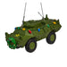 Military Vehicle with Lights Ornament: a green military vehicle Christmas tree ornament decorated with a front wreath and a string of multi-colored holiday lights.